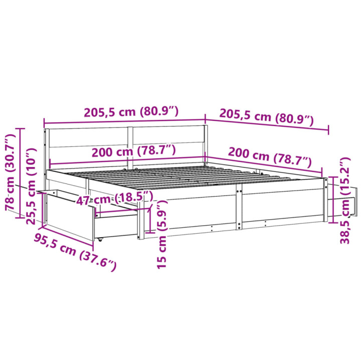 Lovos rėmas su stalčiais, 200x200cm, pušies medienos masyvas