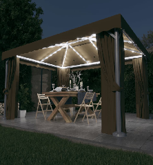 Pavėsinė su lemputėmis ir užuolaidomis LED, taupe, 4x3m