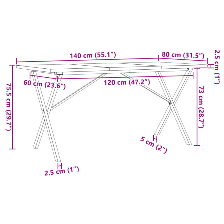Valgomojo stalas, 140x80x75,5cm, pušis ir ketus, X formos rėmas