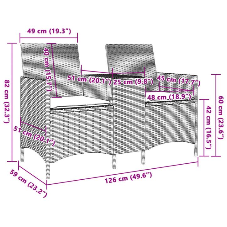 Dvivietė sodo sofa su staliuku ir pagalvėlėmis, juodos spalvos