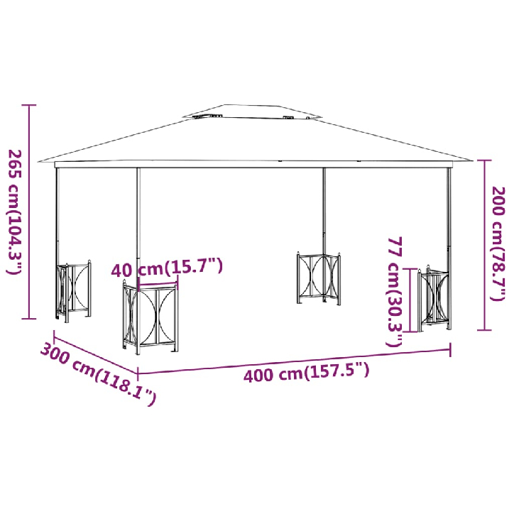 Pavėsinė su šoninėmis sienomis ir stogu, taupe spalvos, 3x4m