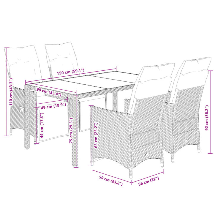 Bistro komplektas su pagalvėlėmis, 5 dalių, pilkas, poliratanas