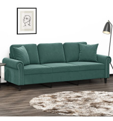 Trivietė sofa su pagalvėlėmis, tamsiai žalia, 180cm, aksomas