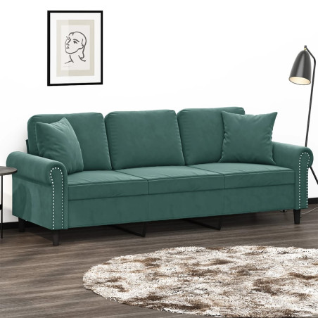 Trivietė sofa su pagalvėlėmis, tamsiai žalia, 180cm, aksomas