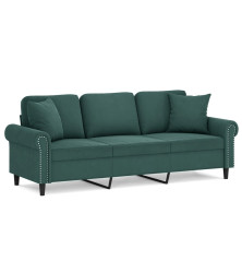 Trivietė sofa su pagalvėlėmis, tamsiai žalia, 180cm, aksomas