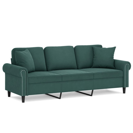 Trivietė sofa su pagalvėlėmis, tamsiai žalia, 180cm, aksomas