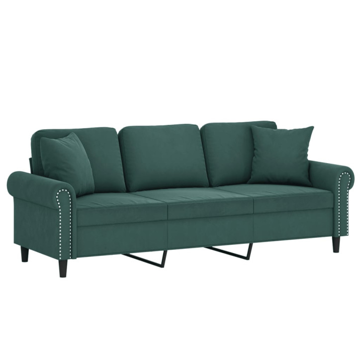 Trivietė sofa su pagalvėlėmis, tamsiai žalia, 180cm, aksomas