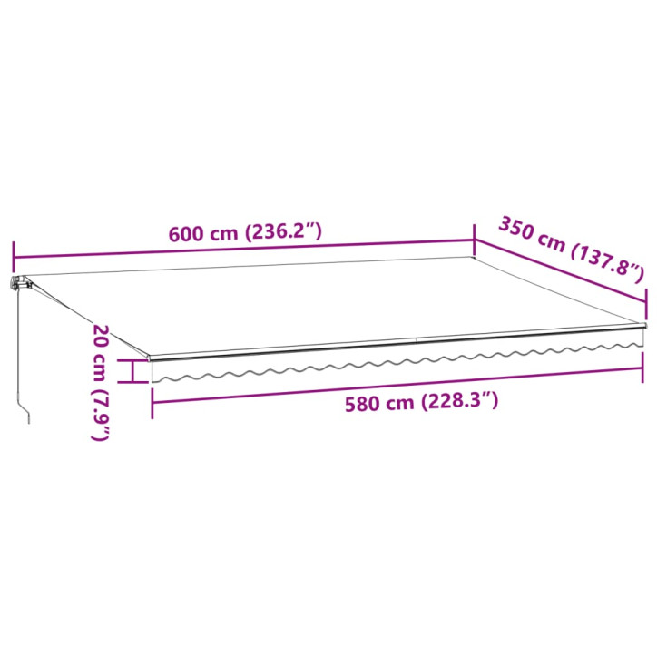 Rankiniu būdu ištraukiama markizė su LED, bordo, 600x350cm