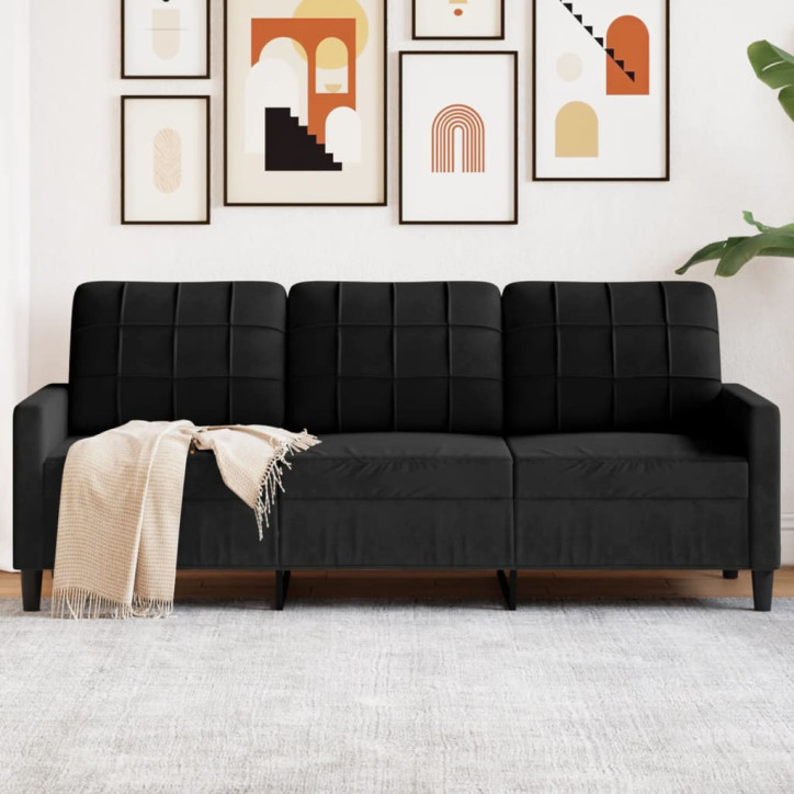 Trivietė sofa, juodos spalvos, 180cm, aksomas