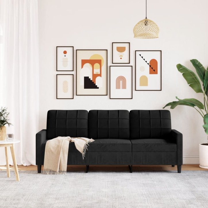 Trivietė sofa, juodos spalvos, 180cm, aksomas