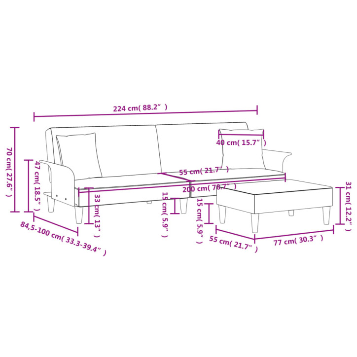 Dvivietė sofa-lova su pagalvėmis ir pakoja, pilka, aksomas