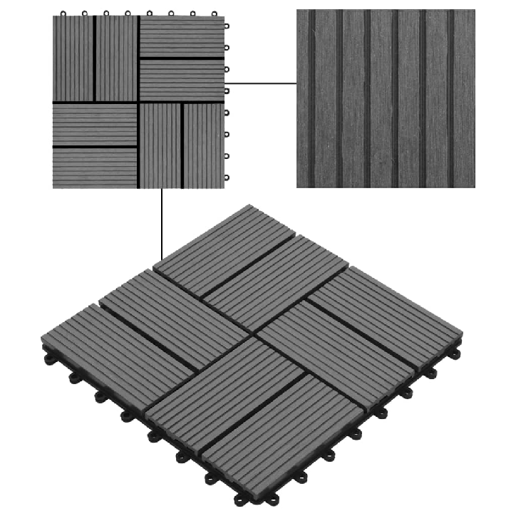 Grindų plytelės, 11vnt., pilkos spalvos, 30x30cm, 1m², WPC