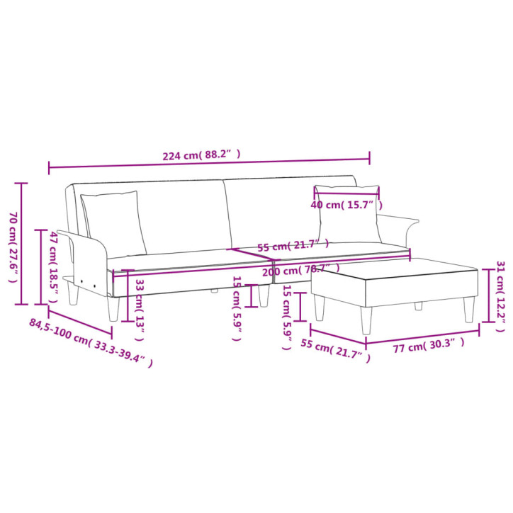 Dvivietė sofa-lova su pagalvėmis ir pakoja, pilka, aksomas