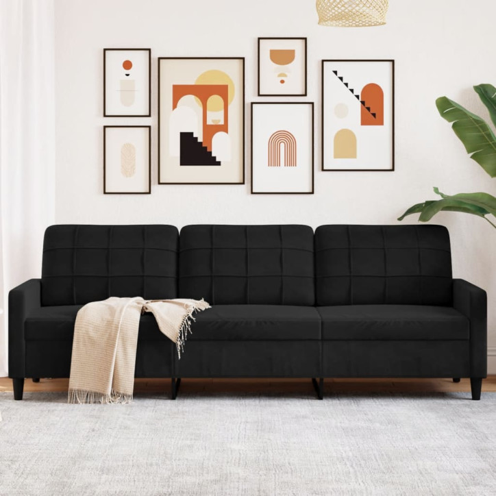 Trivietė sofa, juodos spalvos, 210cm, aksomas