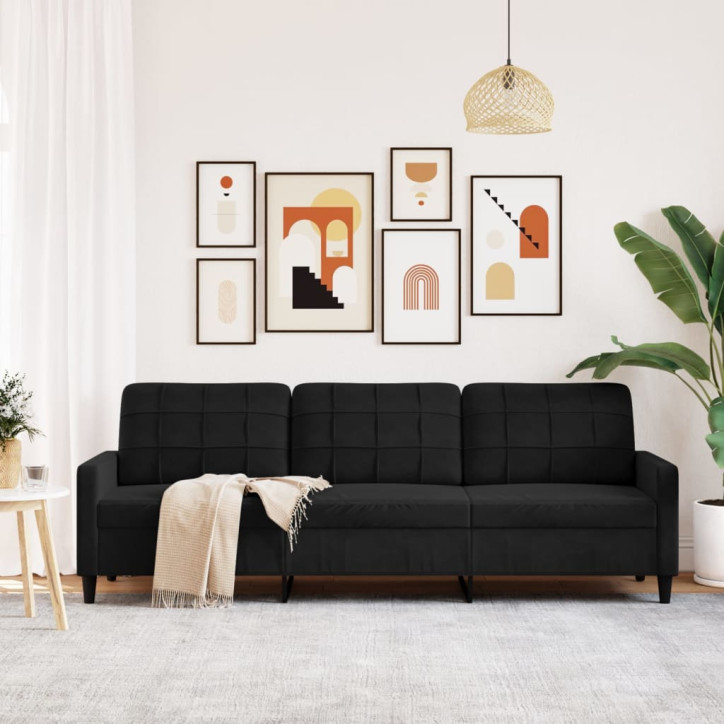 Trivietė sofa, juodos spalvos, 210cm, aksomas