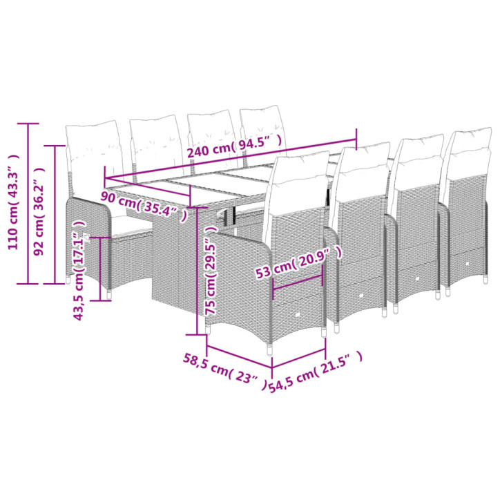 Bistro komplektas su pagalvėmis, 11 dalių, smėlio, poliratanas