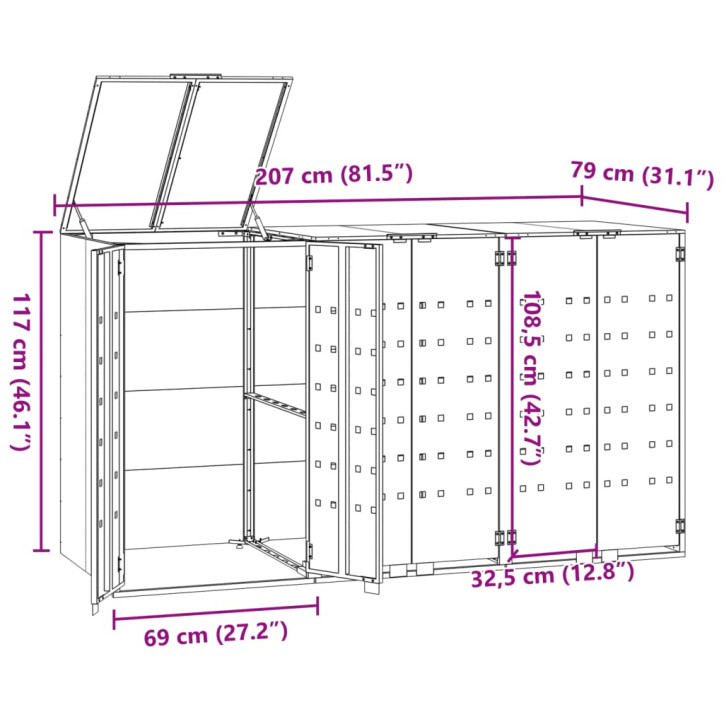 Stoginė trim konteineriams, juoda, 207x79x117cm, plienas