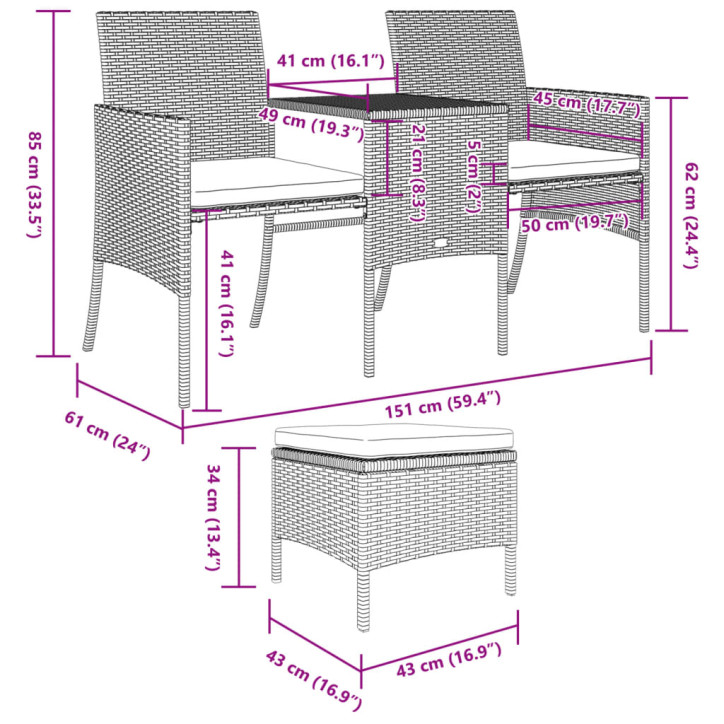 Dvivietė sodo sofa su staliuku/taburetėmis, juoda, poliratanas