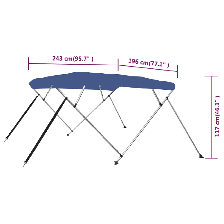 Bimini viršaus stogelis, mėlynas, 243x196x137cm, 4 lankų rėmas