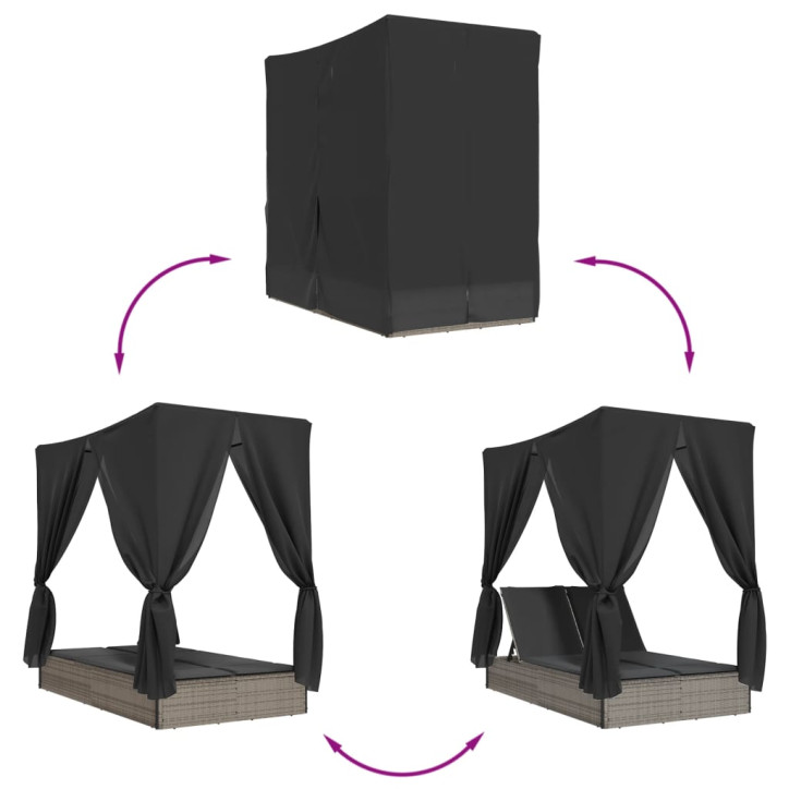 Dvivietis saulės gultas su stogeliu ir užuolaidomis, pilkas