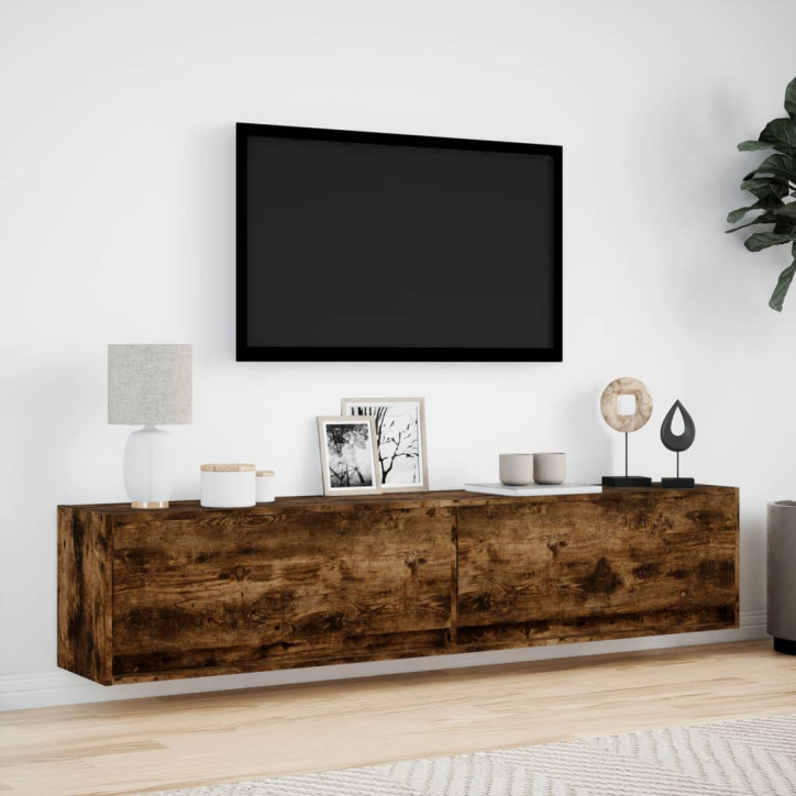 Sieninė TV spintelė su LED lemputėmis, dūminė, 180x31x38cm