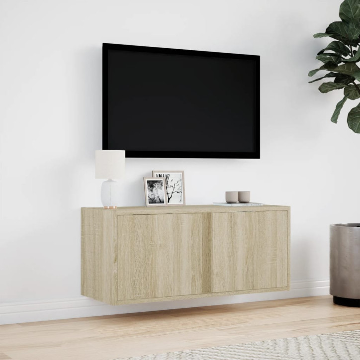 Sieninė TV spintelė su LED lemputėmis, ąžuolo, 80x31x35cm