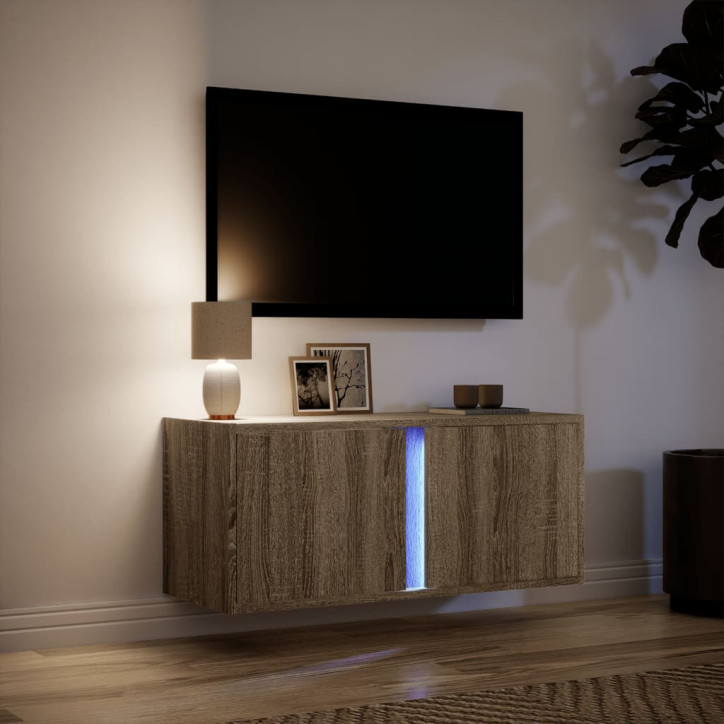 Sieninė TV spintelė su LED lemputėmis, ąžuolo, 80x31x35cm