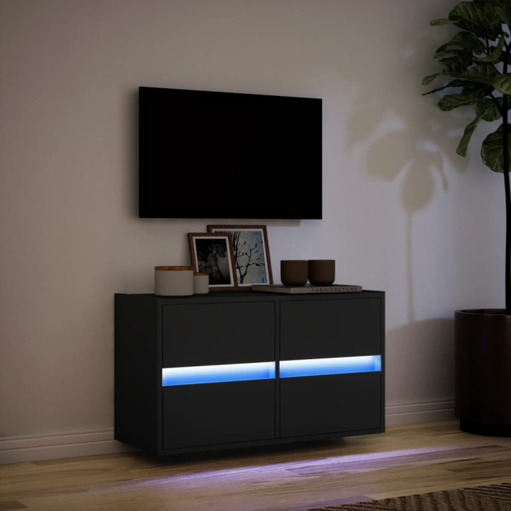 Sieninė TV spintelė su LED lemputėmis, juoda, 80x31x45cm