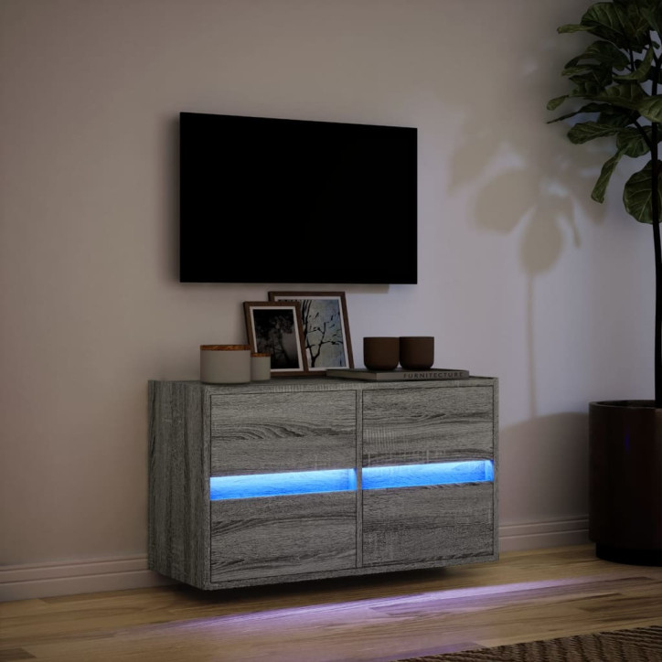 Sieninė TV spintelė su LED lemputėmis, pilka ąžuolo, 80x31x45cm