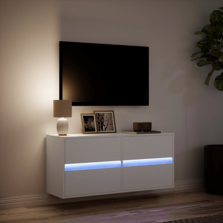 Sieninė TV spintelė su LED lemputėmis, balta, 100x31x45cm