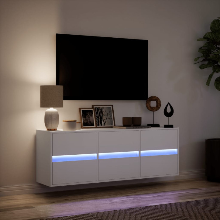 Sieninė TV spintelė su LED lemputėmis, balta, 130x31x45 cm