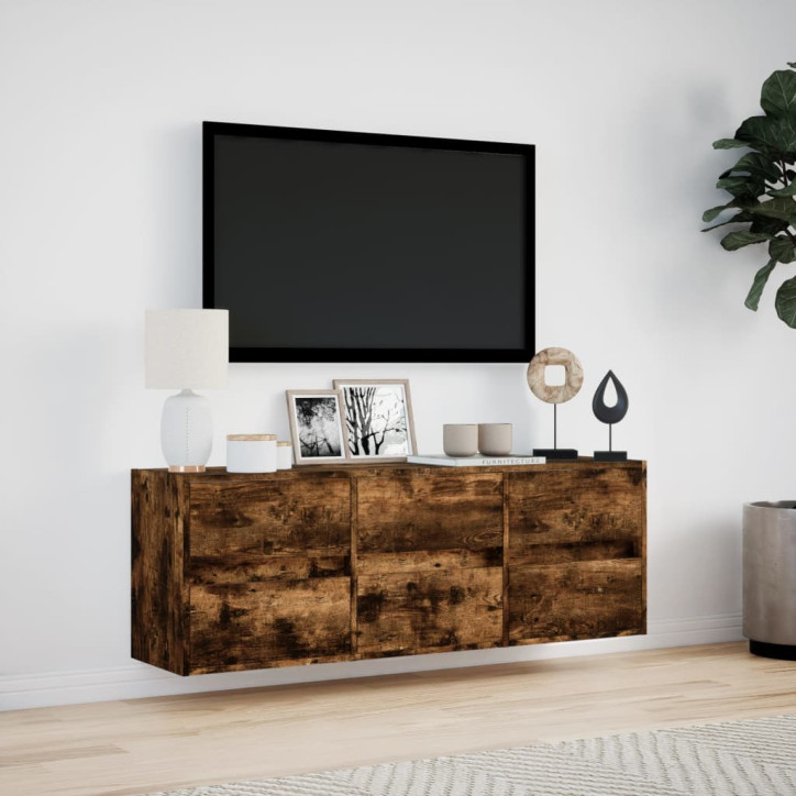 Sieninė TV spintelė su LED lemputėmis, dūminė, 130x31x45 cm