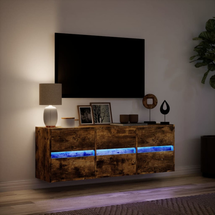 Sieninė TV spintelė su LED lemputėmis, dūminė, 130x31x45 cm