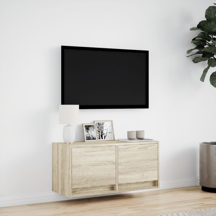 Sieninė TV spintelė su LED lemputėmis, ąžuolo, 80x31x35cm