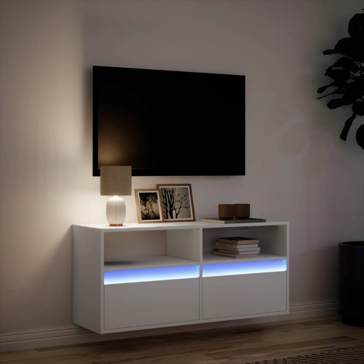 Sieninė TV spintelė su LED lemputėmis, balta, 100x31x45cm