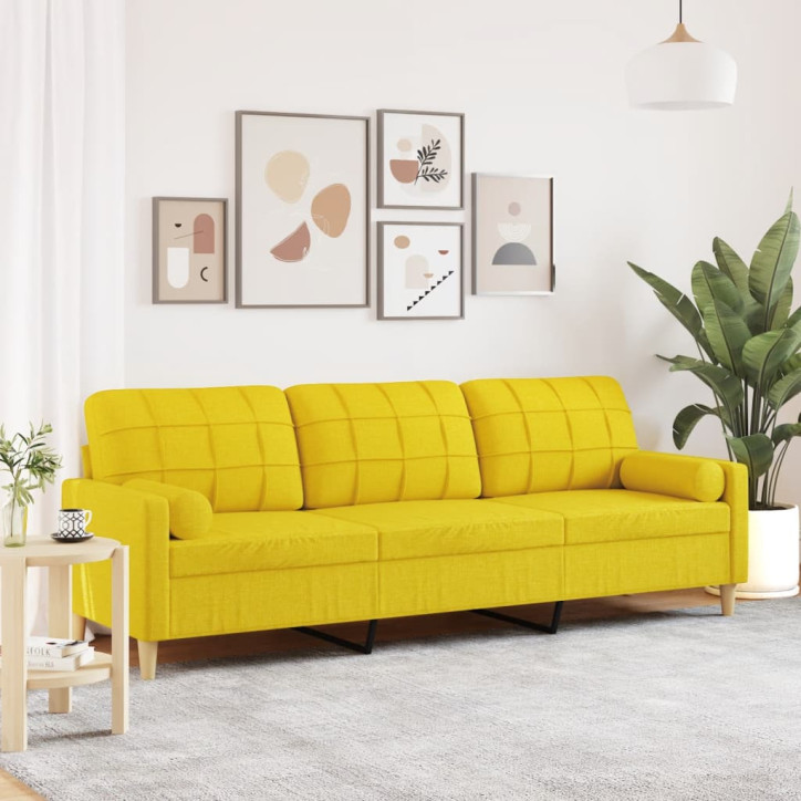 Trivietė sofa su pagalvėlėmis, šviesiai geltona, 210cm, audinys