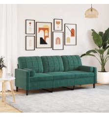 Trivietė sofa su pagalvėlėmis, tamsiai žalia, 180cm, aksomas