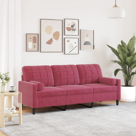 Trivietė sofa su pagalvėlėmis, raudonojo vyno, 180cm, aksomas