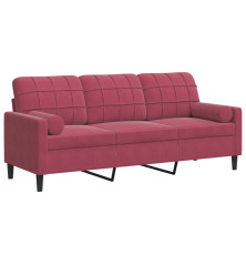 Trivietė sofa su pagalvėlėmis, raudonojo vyno, 180cm, aksomas