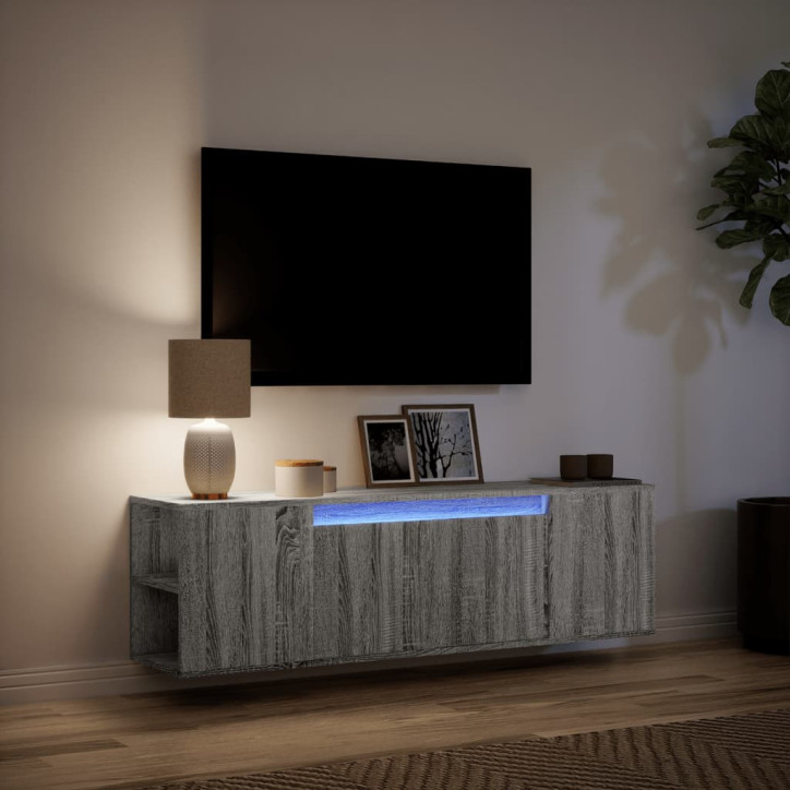 Sieninė TV spintelė su LED lemputėmis, pilka, 135x31x39,5cm