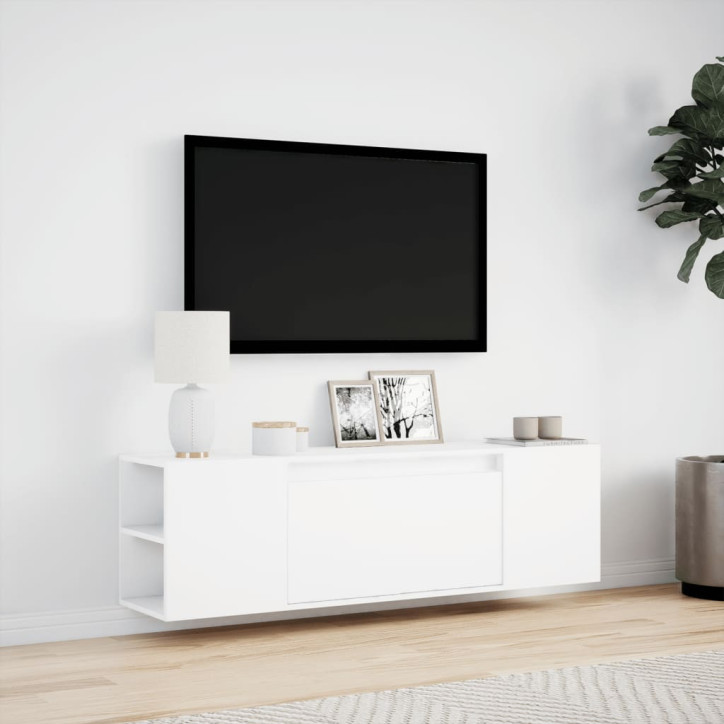 Sieninė TV spintelė su LED lemputėmis, balta, 135x31x39,5cm