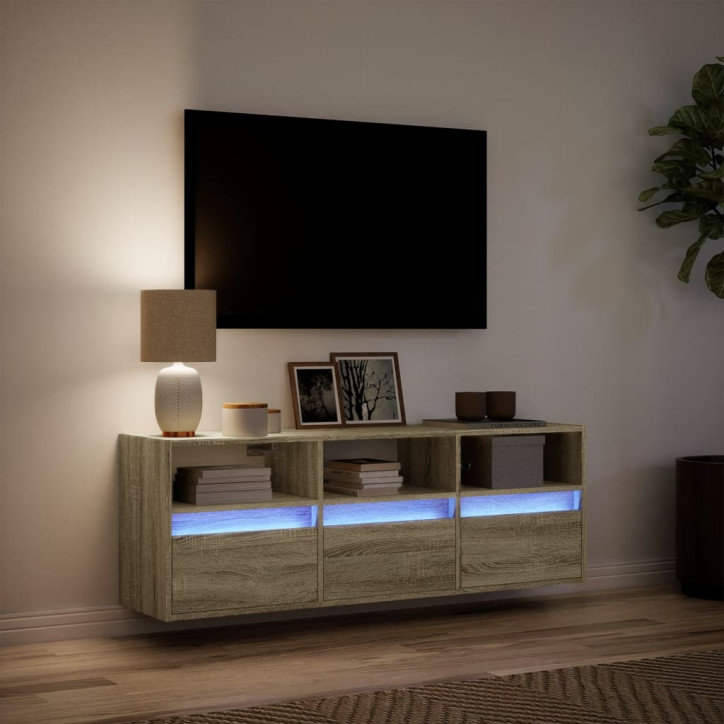 Sieninė TV spintelė su LED lemputėmis, ąžuolo, 130x31x45 cm