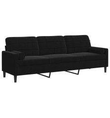 Trivietė sofa su pagalvėlėmis, juodos spalvos, 210cm, aksomas