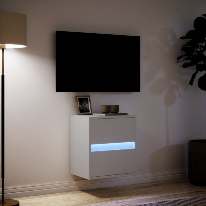 Sieninė TV spintelė su LED lemputėmis, balta, 41x31x45cm