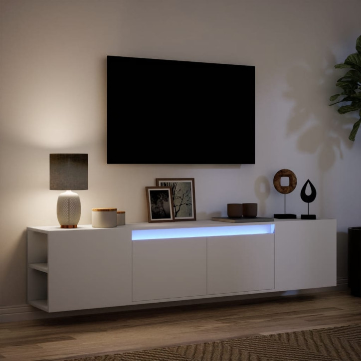 Sieninė TV spintelė su LED lemputėmis, balta, 180x31x39,5cm