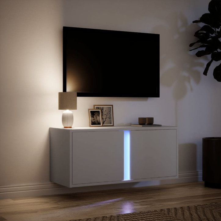 Sieninė TV spintelė su LED lemputėmis, balta, 80x31x35cm