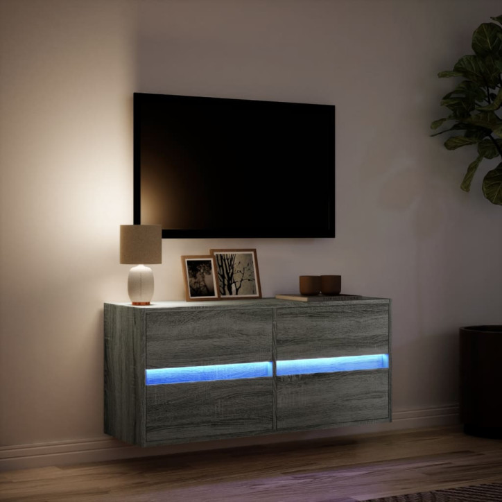 Sieninė TV spintelė su LED lemputėmis, pilka, 100x31x45cm