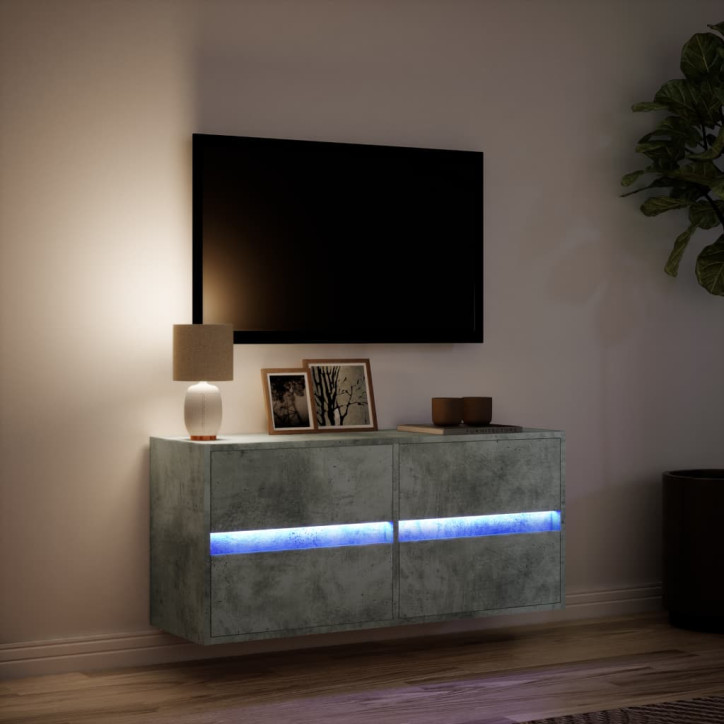 Sieninė TV spintelė su LED lemputėmis, betono, 100x31x45cm