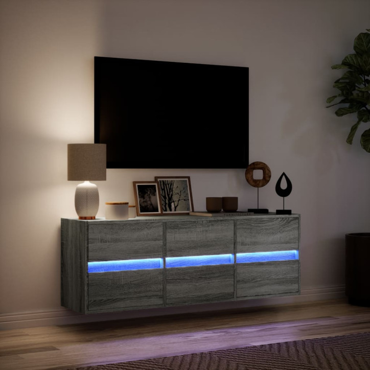 Sieninė TV spintelė su LED lemputėmis, pilka ąžuolo 130x31x45cm