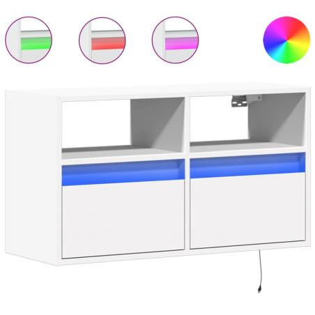 Sieninė TV spintelė su LED lemputėmis, balta, 80x31x45cm